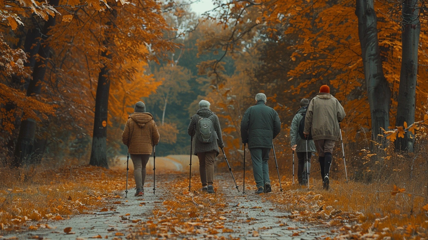Група пенсіонерів займається скандинавською ходьбою